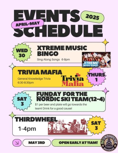 Another fun filled week ahead! 
Wednesday we’re throwing in an EXTRA Music Bingo night! This will be all your favorite sing alongs-think Sweet Caroline, sweet home Alabama-get your singing voice ready!
Thursday we’ll be having general knowledge @triviamafia! 
Saturday we will open at 11! Running @runforthelakes ? Join us post race for a well earned beer and some delicious eats! Then join us for a FUNDay for the Nordic ski team! $1 per beer and $1 per plate will go toward the Ski Team between 12-4. @thirdwheelmn will be playing 1-4! We can’t wait to see you all this week, come on in for a beer or one of our new MOCKTAILS joining our menu this week! 
#mnbrewery #roundhousebrewery #explorebrainerdlakes #exploremn #nisswa #trivia #livemusic